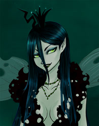 Size: 781x1000 | Tagged: safe, artist:ashiori-chan, queen chrysalis, human, colored skin, elf ears, humanized, solo