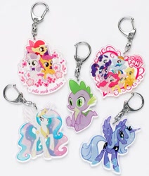 Size: 424x501 | Tagged: safe, apple bloom, applejack, fluttershy, pinkie pie, princess celestia, princess luna, rainbow dash, rarity, scootaloo, spike, sweetie belle, twilight sparkle, alicorn, dragon, earth pony, pegasus, pony, unicorn, cutie mark crusaders, keychain, mane seven, mane six, merchandise, official