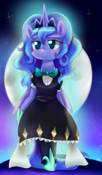 Size: 1000x1700 | Tagged: safe, artist:sion-ara, princess luna, alicorn, pony, bipedal, bowtie, clothes, dress, moon, s1 luna, solo