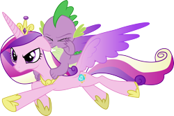 Size: 8192x5432 | Tagged: safe, princess cadance, spike, alicorn, dragon, pony, duo, eyes closed, female, male, mare, multicolored mane, multicolored tail, pink coat, pink wings, spread wings, wings