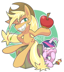 Size: 800x900 | Tagged: safe, artist:gashi-gashi, derpibooru import, applejack, twilight sparkle, earth pony, pony, semi-anthro, apple, appul, duo, eating, female, food, grin, obligatory apple, smiling