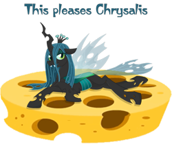 Size: 949x799 | Tagged: safe, artist:benkomilk, queen chrysalis, changeling, changeling queen, pinkie pride, cheese, food, queen swissalis, solo, swiss cheese