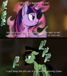 Size: 1600x1800 | Tagged: safe, artist:ahorseofcourse, twilight sparkle, oc, oc:anon filly, pony, 2 panel comic, comic, female, filly, jojo reference, jojo's bizarre adventure, meme, menacing, oh you're approaching me, vulgar, ゴ ゴ ゴ