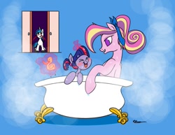 Size: 825x638 | Tagged: safe, artist:bunnimation, princess cadance, shining armor, twilight sparkle, alicorn, pony, unicorn, alternate hairstyle, bath, bathtub, blood, blushing, claw foot bathtub, female, filly, levitation, magic, mare, nosebleed, ponytail, rubber duck, telekinesis