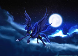 Size: 1024x746 | Tagged: safe, artist:crutonart, princess luna, alicorn, pony, flying, moon, solo