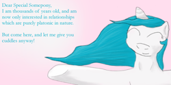 Size: 1280x636 | Tagged: safe, artist:firefanatic, princess celestia, alicorn, pony, cuddlestia, hearts and hooves day cards, solo, text