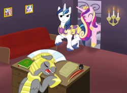 Size: 1920x1408 | Tagged: safe, artist:that1andonly, princess cadance, shining armor, alicorn, pony, unicorn, captain shining armor, royal guard, sleeping, sleeping on the job, this will end in pain