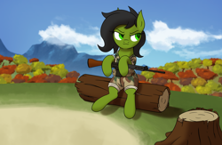 Size: 5088x3317 | Tagged: safe, artist:thehuskylord, oc, oc:anon filly, earth pony, pony, clothes, cloud, female, filly, fn fal, forest, frown, gun, hill, log, mountain, rhodesia, rifle, solo, tree, tree stump, uniform, weapon