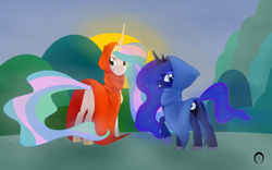 Size: 4000x2500 | Tagged: safe, artist:bungeh14, princess celestia, princess luna, alicorn, pony, cloak, clothes