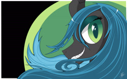 Size: 2400x1500 | Tagged: safe, artist:nyyhol1, queen chrysalis, changeling, changeling queen, female, grin, horn, solo