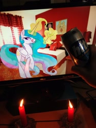 Size: 2448x3264 | Tagged: artist needed, safe, princess celestia, alicorn, pony, /mlp/, 4chan, candle, computer, drink, otaku date, photo, waifu dinner