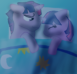 Size: 783x756 | Tagged: safe, artist:samoyedwarrior, derpibooru import, dusk shine, twilight sparkle, pony, unicorn, fanfic:on a cross and arrow, bed, fanfic, fanfic art, female, floppy ears, male, mare, rule 63, self ponidox, sleeping, stallion