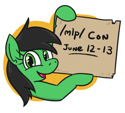 Size: 722x653 | Tagged: safe, artist:jargon scott, oc, oc:anon filly, earth pony, pony, /mlp/, /mlp/ con, 4chan, bust, cardboard, female, filly, looking at you, solo, text