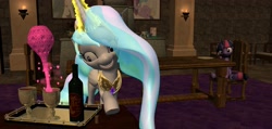 Size: 3846x1824 | Tagged: safe, artist:molestiaplz, princess celestia, twilight sparkle, twilight sparkle (alicorn), alicorn, pony, 3d, daz studio, female, lesbian, love poison, mare, rapeface, shipping, twilestia, wine