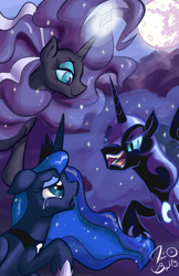 Size: 800x1236 | Tagged: safe, artist:flavinbagel, nightmare moon, nightmare rarity, princess luna, alicorn, pony, unicorn, crying, duality, fangs, female, mare, mare in the moon, moon, multeity, smiling, square crossover, three wolf moon