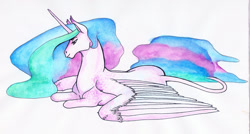 Size: 1280x685 | Tagged: safe, artist:ackryllis, princess celestia, alicorn, pony, female, horn, mare, missing accessory, multicolored mane, multicolored tail, solo, white coat, white wings, wings