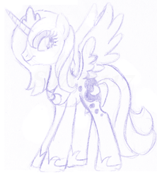 Size: 878x990 | Tagged: safe, princess luna, alicorn, pony, season 1, clothes, crown, monochrome, s1 luna, shoes, sketch, solo, traditional art