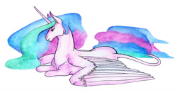 Size: 1280x685 | Tagged: safe, artist:ackryllis, princess celestia, alicorn, pony, female, horn, mare, missing accessory, multicolored mane, multicolored tail, solo, white coat, white wings, wings