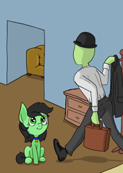 Size: 1000x1414 | Tagged: safe, artist:happy harvey, edit, oc, oc only, oc:anon, oc:anon filly, earth pony, human, pony, briefcase, clothes, coat, coat rack, collar, drawer, drawn on phone, female, filly, hallway, hat, looking up, meme, name tag, pet, pony pet, sitting, sofa, walking