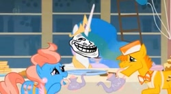 Size: 599x330 | Tagged: safe, edit, edited screencap, screencap, carrot cake, cup cake, princess celestia, alicorn, pony, a bird in the hoof, mouth hold, teapot, trollestia, trollface