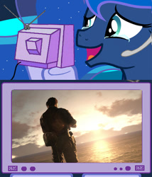 Size: 706x824 | Tagged: safe, princess luna, alicorn, pony, big boss, exploitable meme, gamer luna, meme, metal gear, obligatory pony, ocean, sunset, tv meme