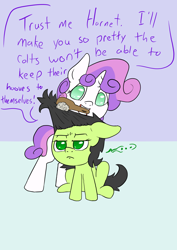 Size: 1000x1414 | Tagged: safe, artist:happy harvey, sweetie belle, oc, oc:anon filly, earth pony, ..., annoyed, blank flank, brushing, brushing mane, colored pupils, drawn on phone, female, females only, filly, implied shipping, makeover