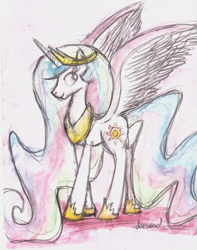 Size: 2272x2878 | Tagged: safe, artist:crestfallencelestia, princess celestia, alicorn, pony, female, horn, mare, multicolored mane, solo, traditional art, white coat