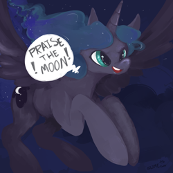 Size: 1280x1280 | Tagged: safe, artist:slimeprnicess, princess luna, alicorn, pony, cute, flying, missing accessory, open mouth, praise the moon, smiling, solo, spread wings, starry eyes, wingding eyes