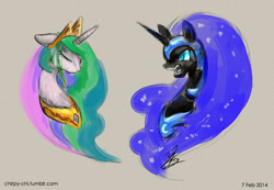 Size: 600x414 | Tagged: safe, artist:chirpy-chi, nightmare moon, princess celestia, alicorn, pony, duo, duo female, female, horn, mare, siblings, sisters