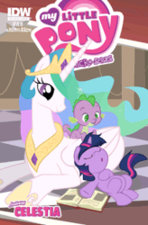Size: 328x500 | Tagged: safe, artist:alanquest, idw, princess celestia, spike, twilight sparkle, alicorn, dragon, pony, unicorn, alanquest is trying to murder us, animated, baby spike, blinking, book, cute, cutelestia, daaaaaaaaaaaw, eyes closed, female, filly, filly twilight sparkle, hnnng, male, mare, momlestia, on back, prone, sleeping, smiling, snoring, spikabetes, spikelove, twiabetes, weapons-grade cute, younger