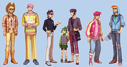 Size: 1682x895 | Tagged: safe, artist:emlan, derpibooru import, applejack, applejack (male), barb, bubble berry, butterscotch, dusk shine, elusive, fluttershy, pinkie pie, rainbow blitz, rainbow dash, rarity, spike, twilight sparkle, human, clothes, converse, female, humanized, male, mane seven, rule 63, shoes, simple background, skirt