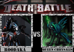 Size: 793x565 | Tagged: safe, artist:grimmjow-thesexta, queen chrysalis, changeling, changeling queen, bionicle, death battle, exploitable meme, kathleen barr, lego, meme, roodaka, voice actor