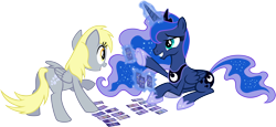 Size: 12997x6000 | Tagged: safe, artist:tygerbug, derpy hooves, princess luna, alicorn, pegasus, pony, absurd resolution, card, ccg, enterplay, female, gamer luna, magic, mare, simple background, telekinesis, transparent background, vector