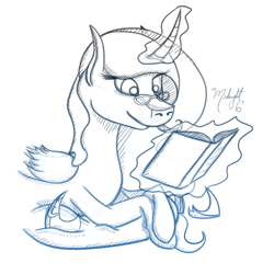 Size: 1000x1000 | Tagged: safe, artist:midnightsix3, princess luna, alicorn, pony, book, glasses, lunadoodle, magic, monochrome, sketch, solo, telekinesis