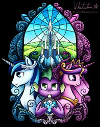 Size: 943x1200 | Tagged: safe, artist:whitestar1802, princess cadance, shining armor, spike, alicorn, dragon, pony, unicorn, stained glass