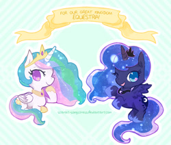 Size: 600x509 | Tagged: safe, artist:scarlet-songstress, princess celestia, princess luna, alicorn, pony, banner, chibi, wink