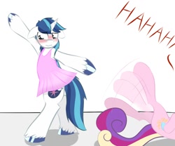 Size: 1200x1000 | Tagged: dead source, safe, artist:kryptchild, princess cadance, shining armor, alicorn, pony, unicorn, armpits, ballerina, ballet, bipedal, blushing, clothes, crossdressing, dancing, dress, embarrassed, floppy ears, frown, hoofy-kicks, laughing, on back, tutu, unshorn fetlocks