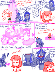 Size: 893x1155 | Tagged: safe, artist:redanon, prince artemis, princess luna, oc, oc:anon, oc:femanon, human, comic, disgusted, famas, femanon in malequestria, nerd, pomf, rule 63, shipping, wingboner