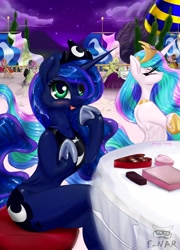 Size: 1024x1426 | Tagged: safe, artist:f-nar, princess celestia, princess luna, alicorn, pony, semi-anthro, banner, bipedal, blushing, canterlot, chocolate, chocoluna, cute, hearts and hooves day, jealous, luna loves chocolate, lunabetes, that pony sure does love chocolate, valentine, valentine's day