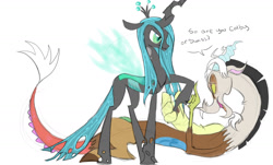 Size: 1600x964 | Tagged: safe, artist:fillyblue, discord, queen chrysalis, changeling, changeling queen, cheeselegs, female, horn