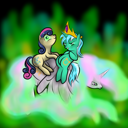 Size: 5000x5000 | Tagged: safe, artist:annedwen, bon bon, lyra heartstrings, princess celestia, sweetie drops, alicorn, changeling, pony, absurd resolution, bad end, changeling lyra, crown