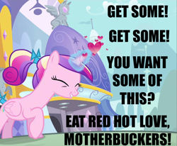 Size: 850x700 | Tagged: safe, princess cadance, alicorn, pony, caption, heart, image macro, love, magic, ponytail, vulgar, younger