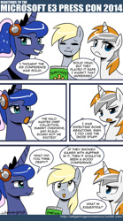 Size: 600x1077 | Tagged: safe, artist:johnjoseco, derpy hooves, princess luna, oc, oc:belle eve, alicorn, pegasus, pony, ask gaming princess luna, belle eve, comic, e3, female, mare, microsoft, ponified, that pony sure does love muffins, tumblr