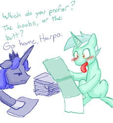 Size: 510x554 | Tagged: safe, artist:redanon, lyra heartstrings, prince artemis, princess luna, alicorn, pony, blushing, centerfold, femanon in malequestria, magazine, porn, rule 63, tongue out