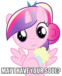 Size: 500x609 | Tagged: safe, princess cadance, alicorn, pony, female, filly, hair bow, hoof hold, horn, looking at you, milkshake, multicolored mane, pink coat, pure unfiltered evil, spread wings, straw, talking to viewer, text, wings