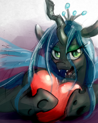 Size: 1280x1600 | Tagged: safe, artist:ruby, queen chrysalis, changeling, changeling queen, pony, fangs, female, heart, looking at you, open mouth, solo