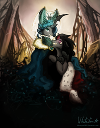 Size: 943x1200 | Tagged: safe, artist:whitestar1802, king sombra, queen chrysalis, changeling, changeling queen, pony, unicorn, broken horn, chrysombra, couple, female, heart, heart eyes, male, shipping, straight