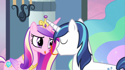 Size: 1280x720 | Tagged: safe, artist:capnpea, edit, screencap, princess cadance, shining armor, alicorn, pony, unicorn, eyeball licking, eyes closed, tongue out, wat, worried