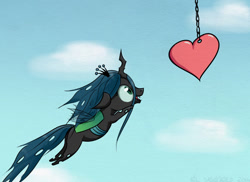 Size: 720x523 | Tagged: safe, artist:el-yeguero, queen chrysalis, changeling, changeling queen, bait, chibi, cute, cutealis, eyes on the prize, heart, jumping, open mouth, pounce, smiling, solo