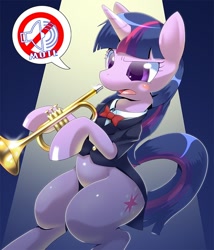 Size: 700x816 | Tagged: safe, artist:oze, derpibooru import, twilight sparkle, pony, unicorn, annoyed, bipedal, clothes, cute, female, funny, mare, musical instrument, pixiv, pun, rhythm is magic, solo, trumpet